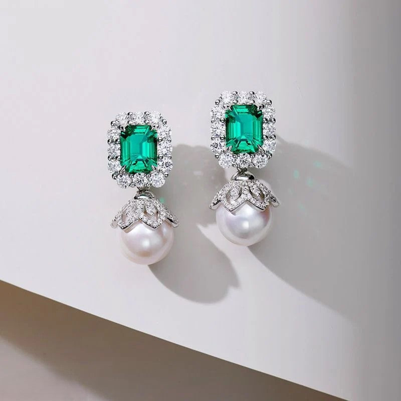 Green Emerald and Pearl Drop Earrings