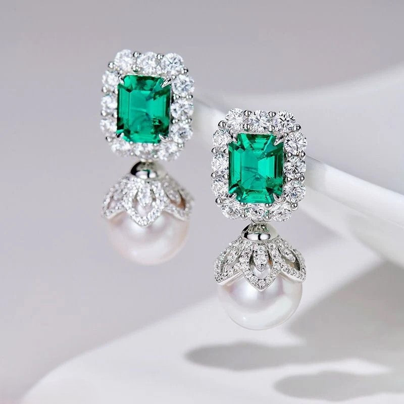 Green Emerald and Pearl Drop Earrings