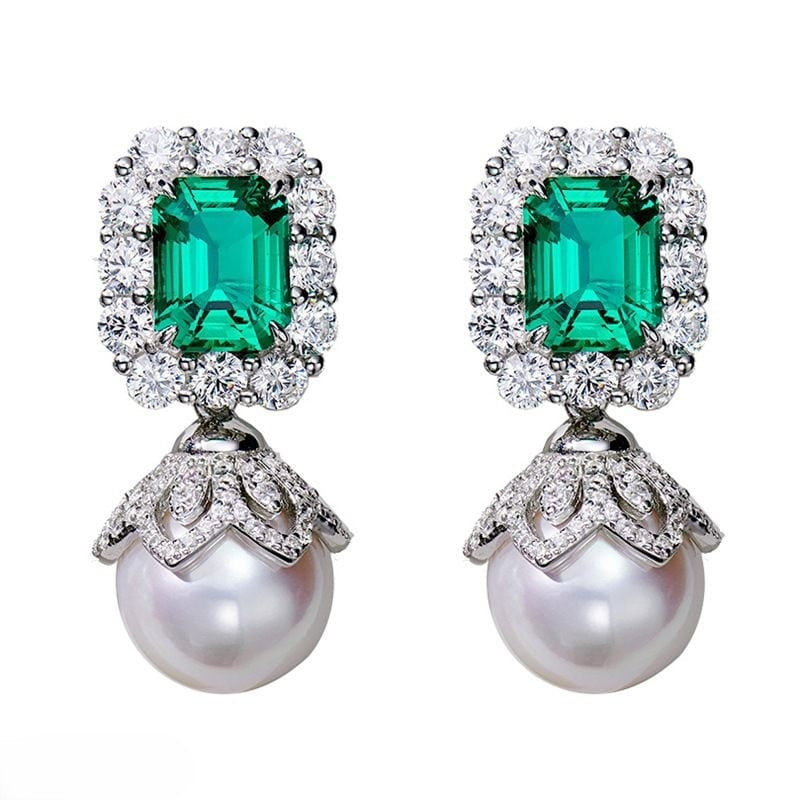 Green Emerald and Pearl Drop Earrings