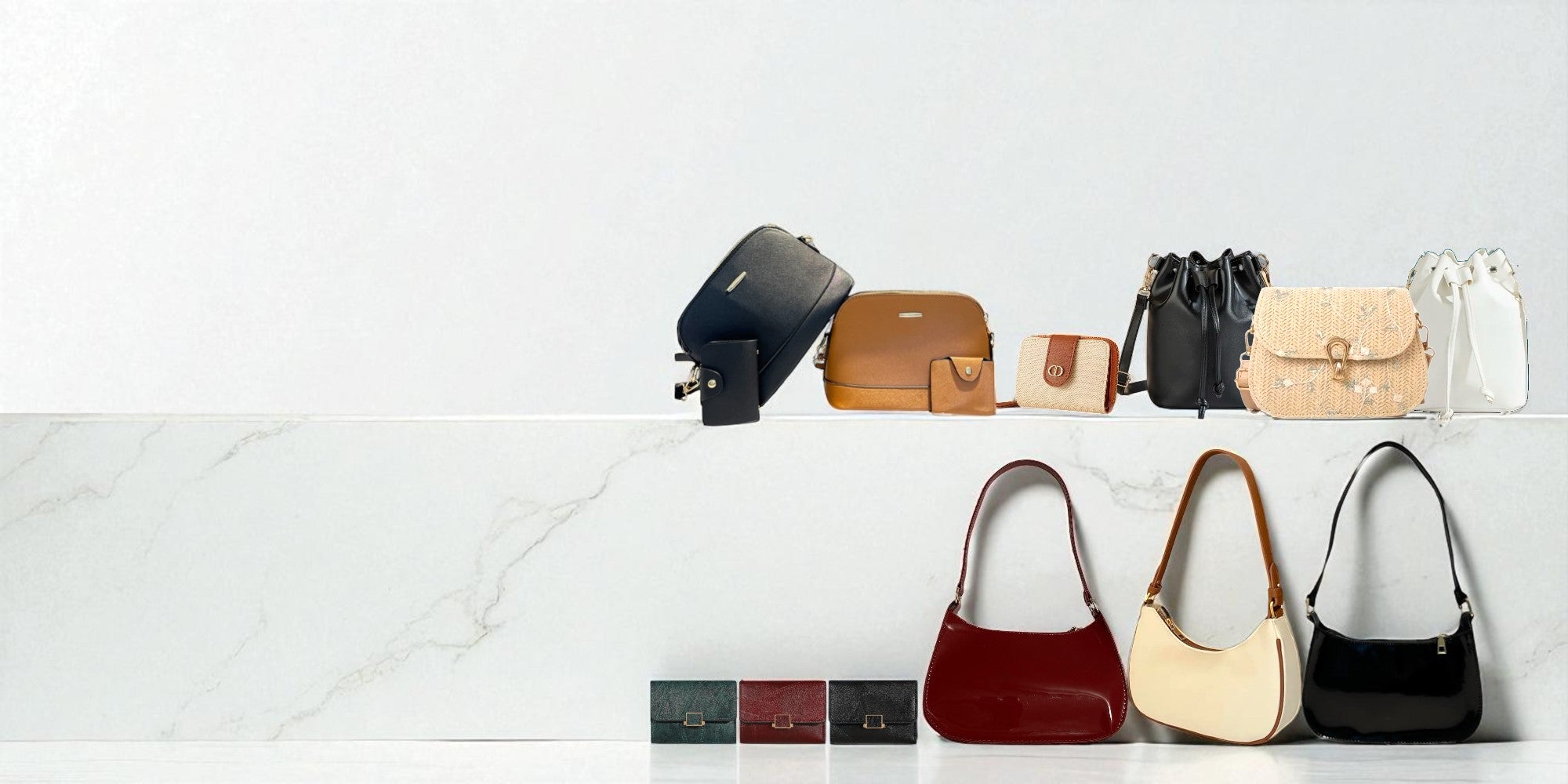 Collection of handbags on a white surface with a light gray background