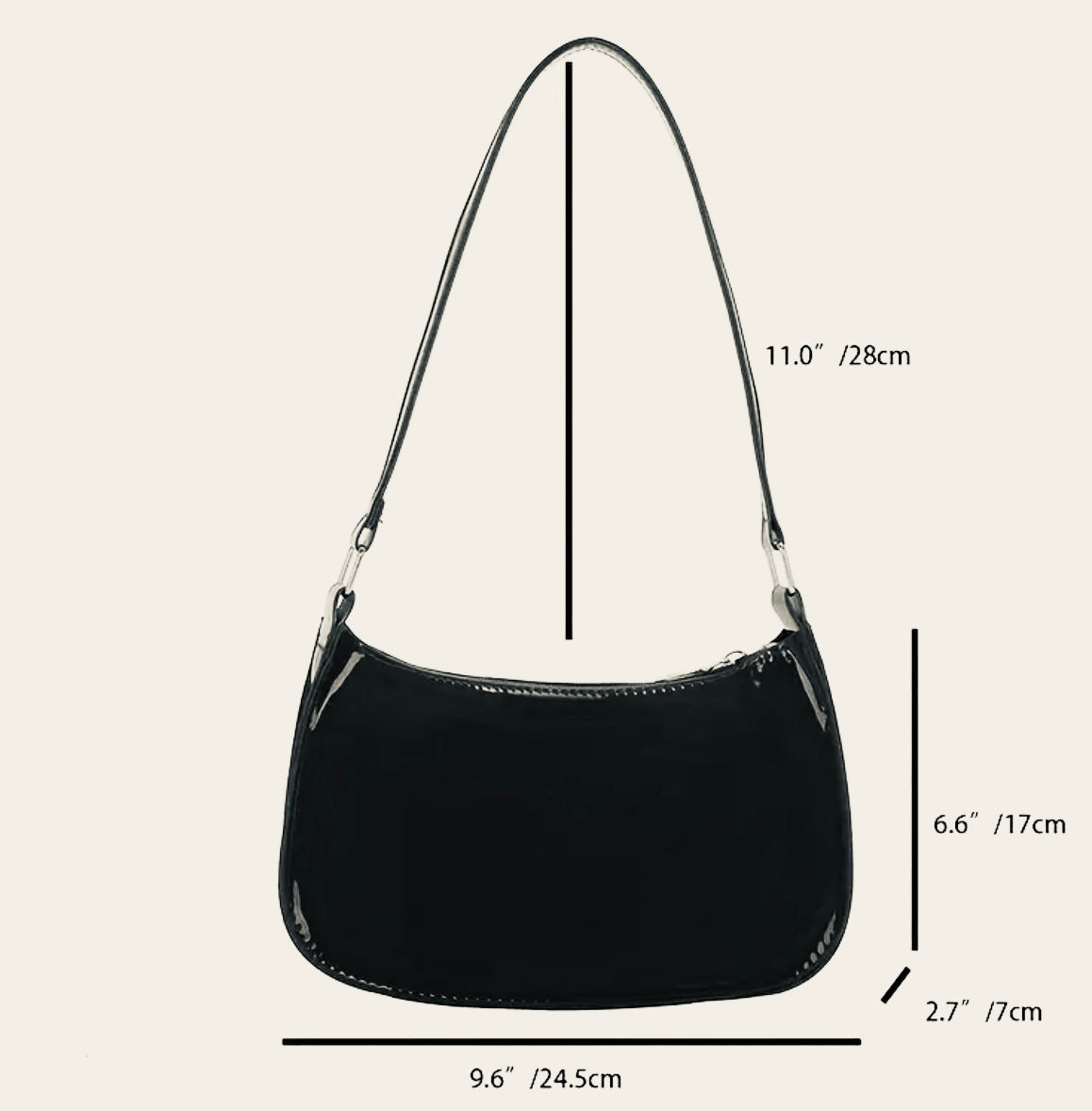 Black patent shoulder bag size