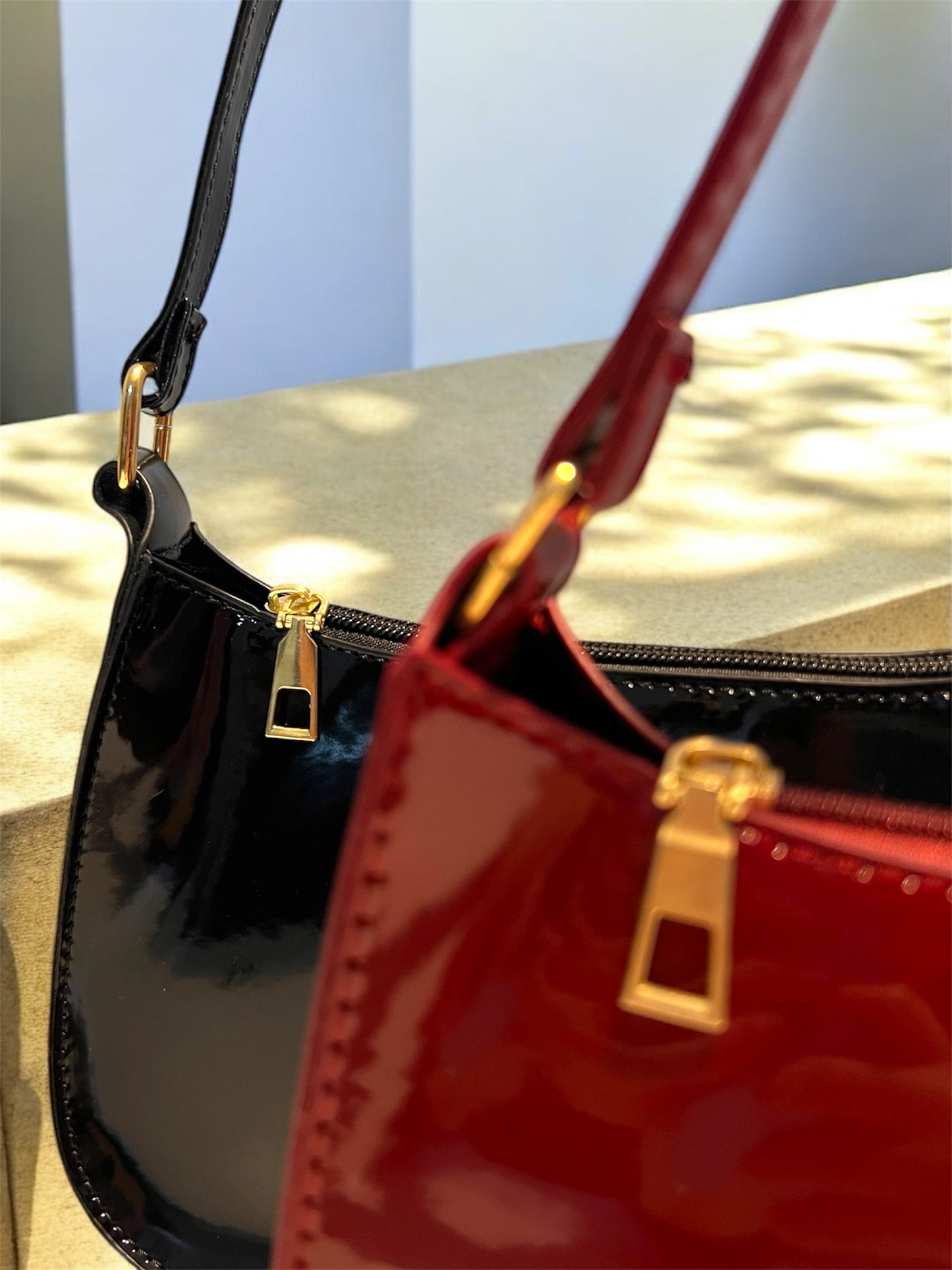 Patent leather bags closeup