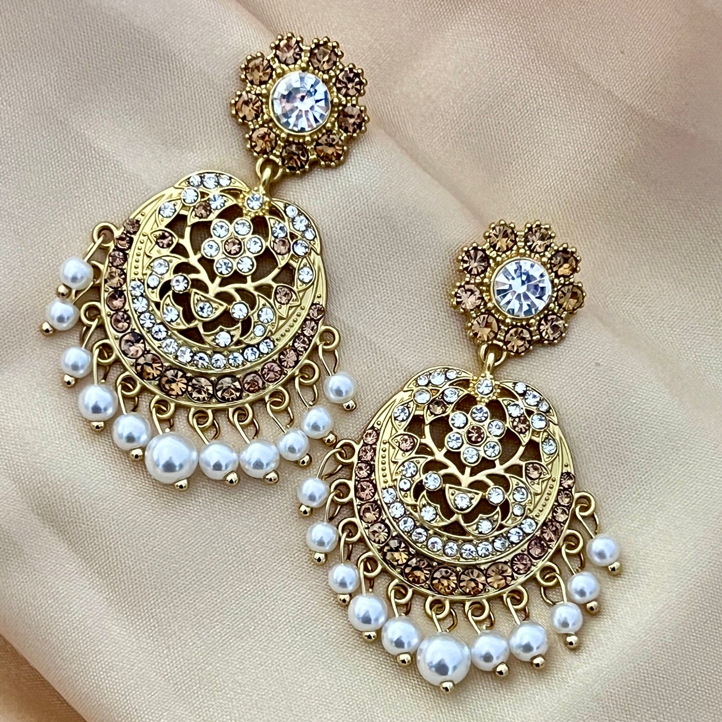 Chandbali - Gold and Champaign fusion with Pearls Jhumka