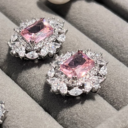 Pink Stone and Zircon Earrings