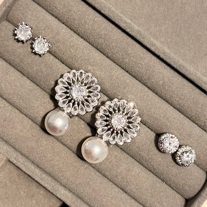 Silver Floral Zircon Stud Earrings