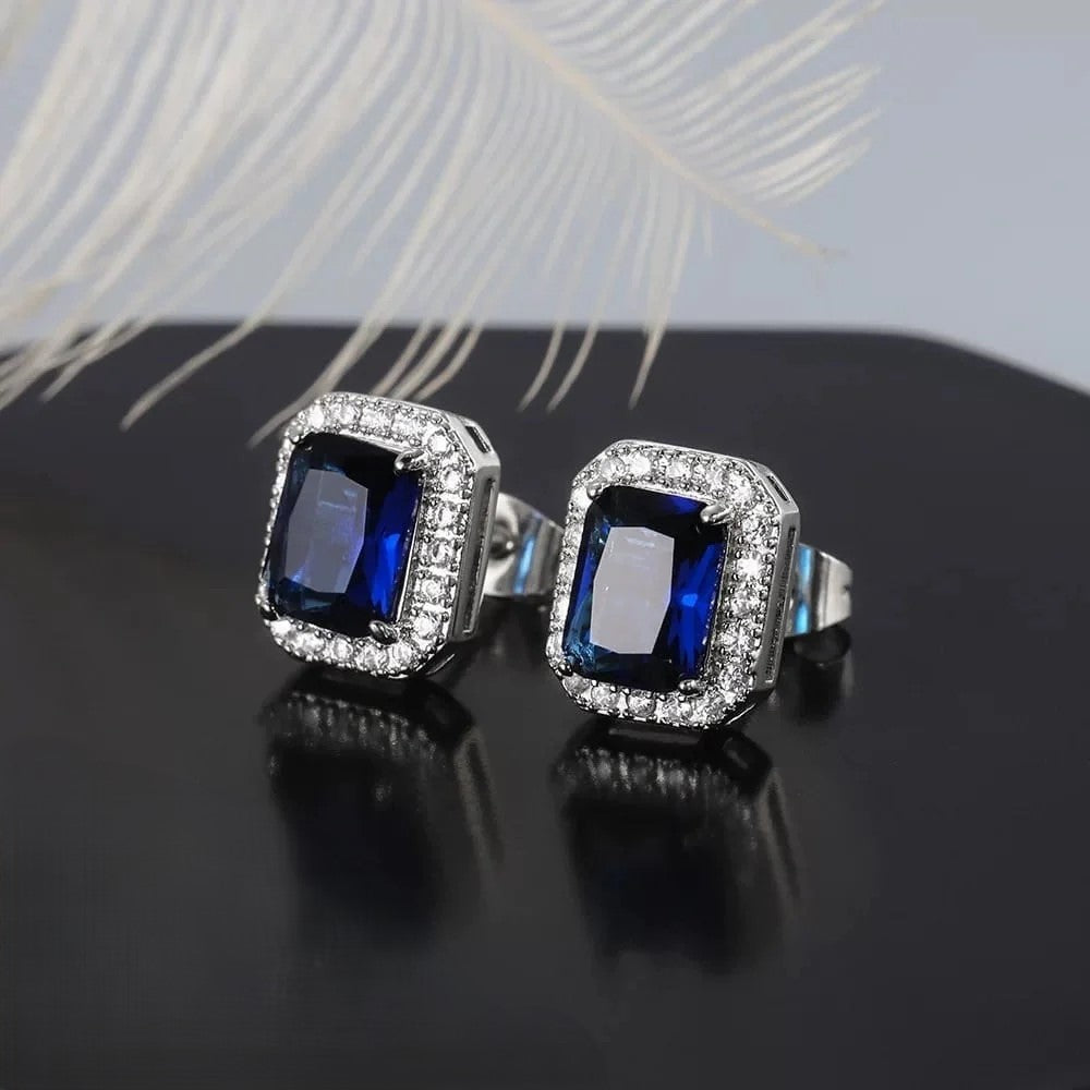 Blue Stone Cushion Cut Stud Earrings