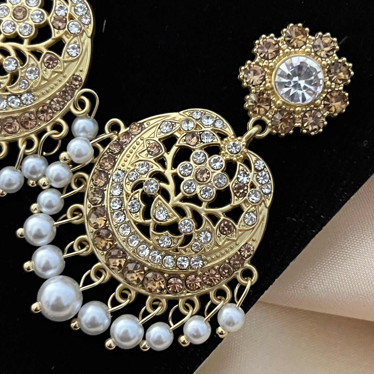 Chandbali - Gold and Champaign fusion with Pearls Jhumka