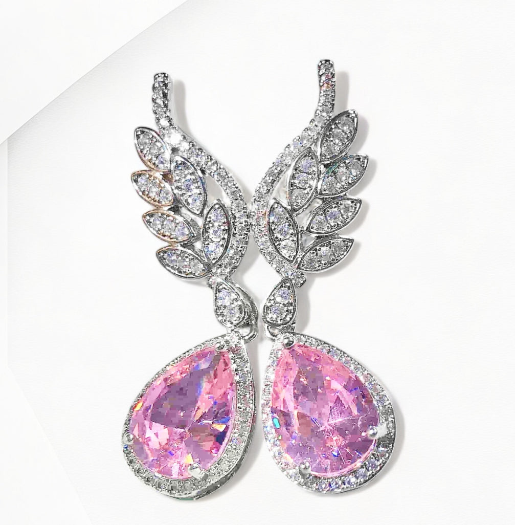 Pink Moonstone and Zircon Teardrop Earrings