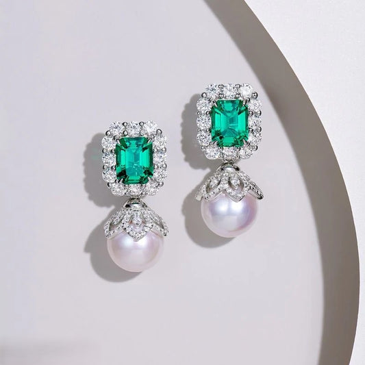 Green Emerald and Pearl Drop Earrings