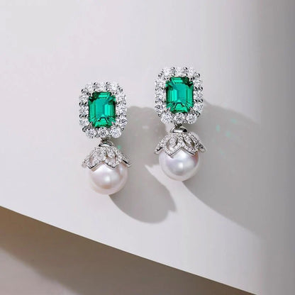 Green Emerald and Pearl Drop Earrings