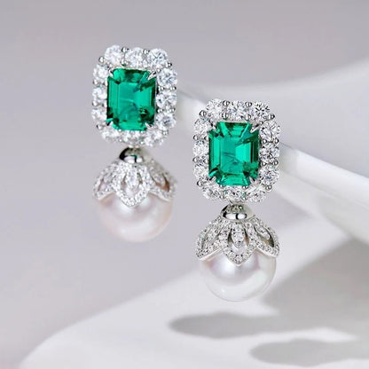 Green Emerald and Pearl Drop Earrings