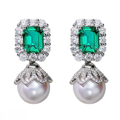 Green Emerald and Pearl Drop Earrings