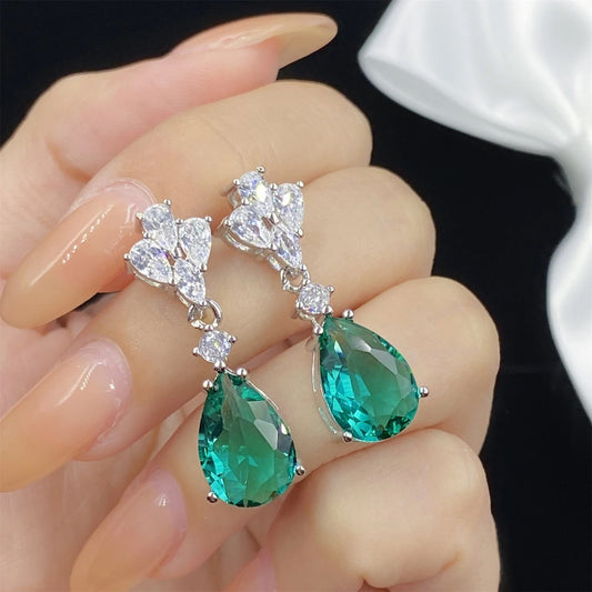 Green Emerald and Zircon Teardrop Earrings