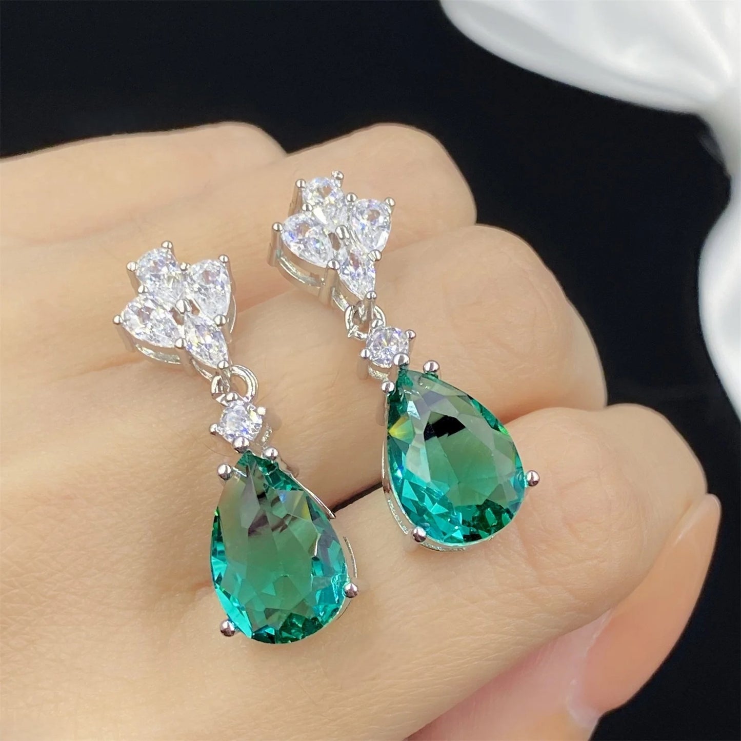 Green Emerald and Zircon Teardrop Earrings