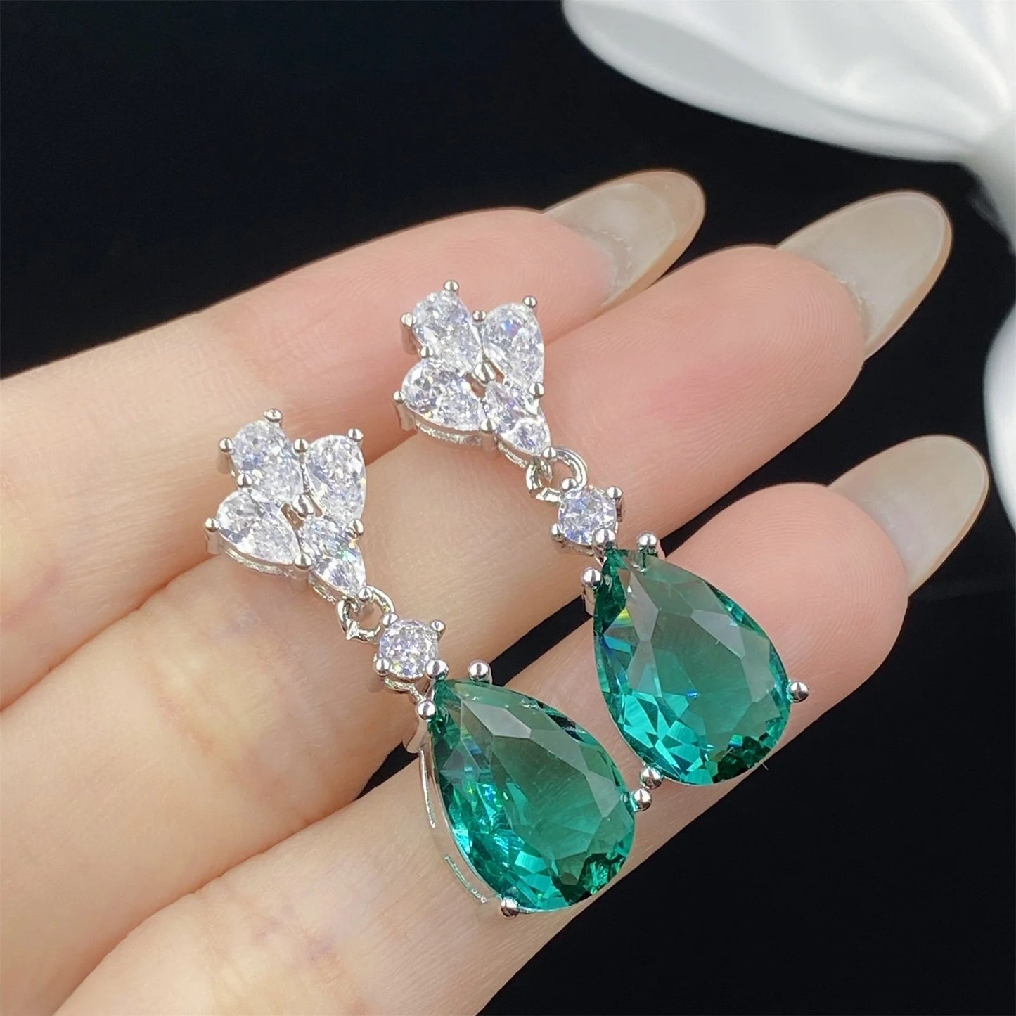 Green Emerald and Zircon Teardrop Earrings