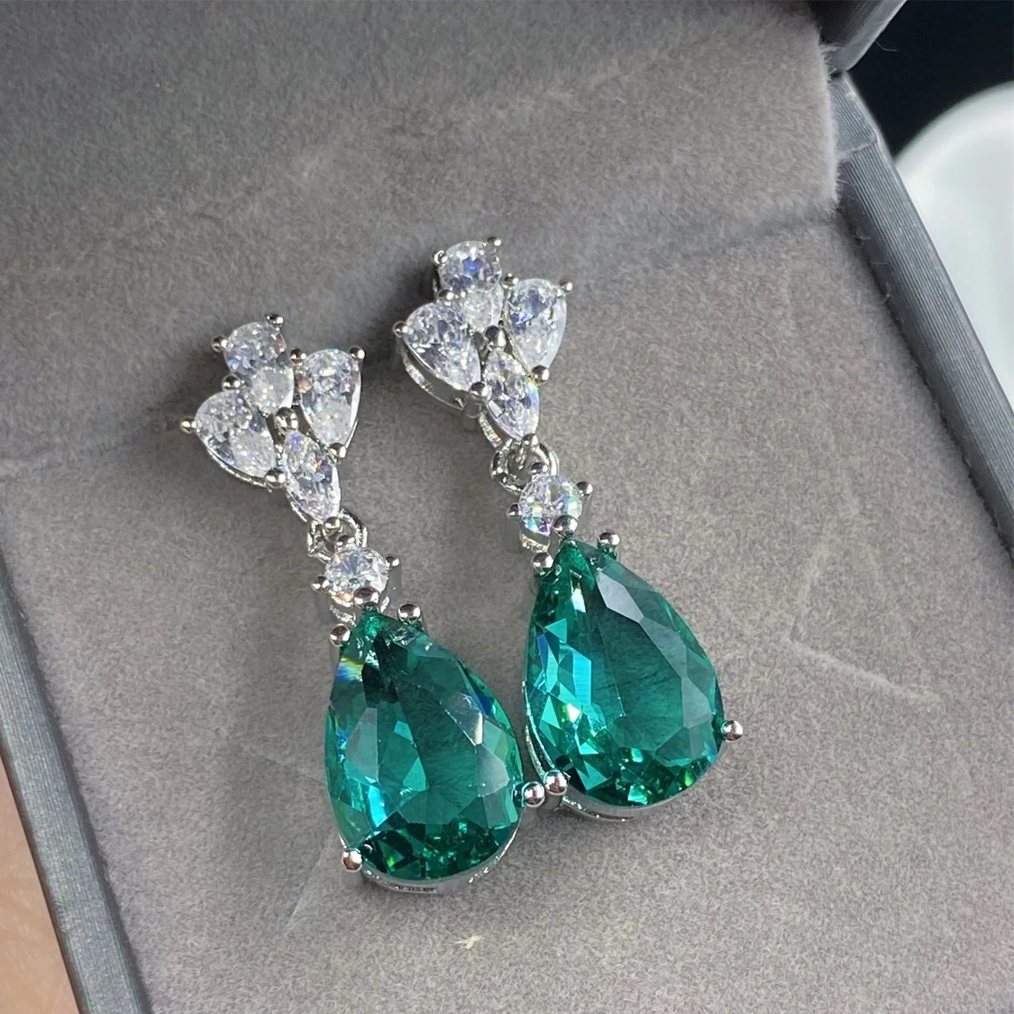 Green Emerald and Zircon Teardrop Earrings