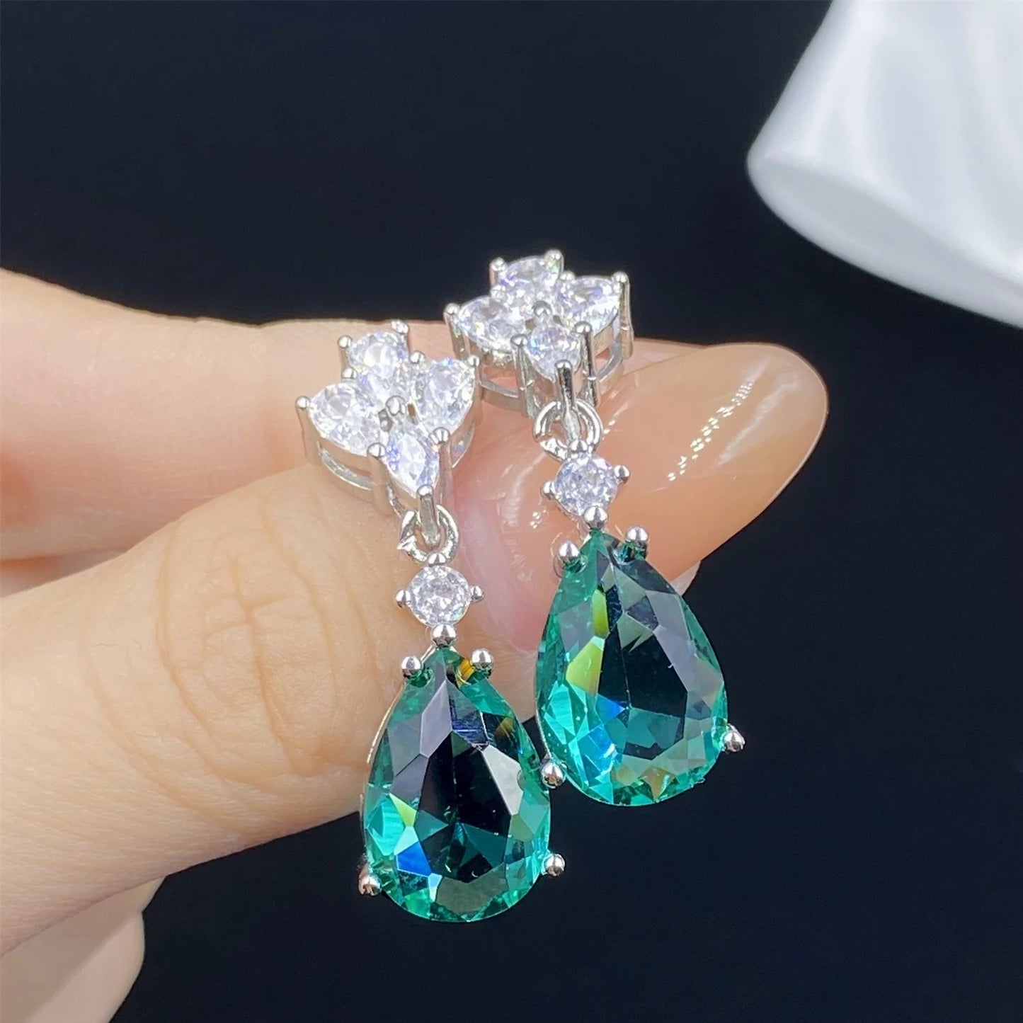Green Emerald and Zircon Teardrop Earrings