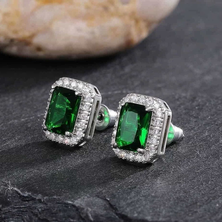 Green Stone Cushion Cut Stud Earrings