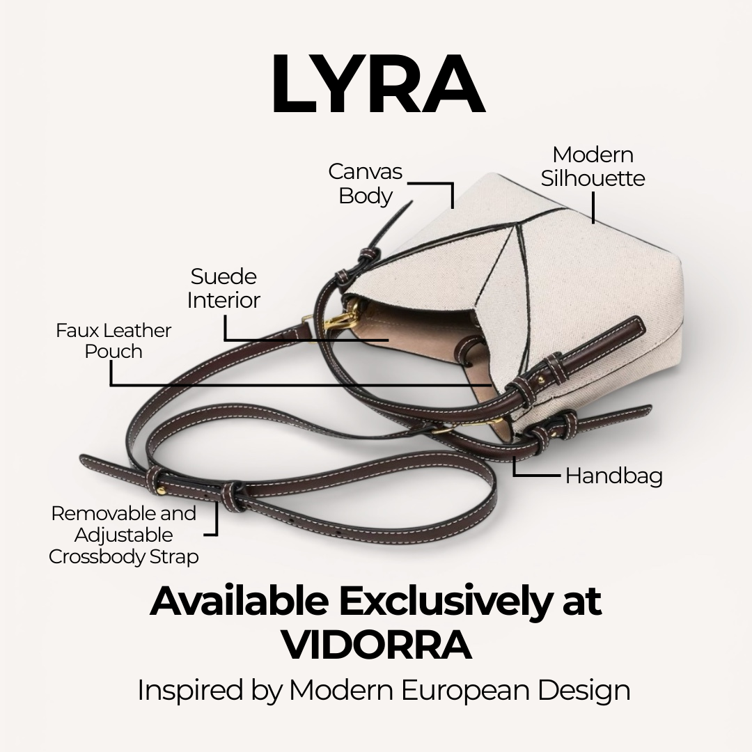 Handbag labeled 'LYRA' with features and branding information on a white background