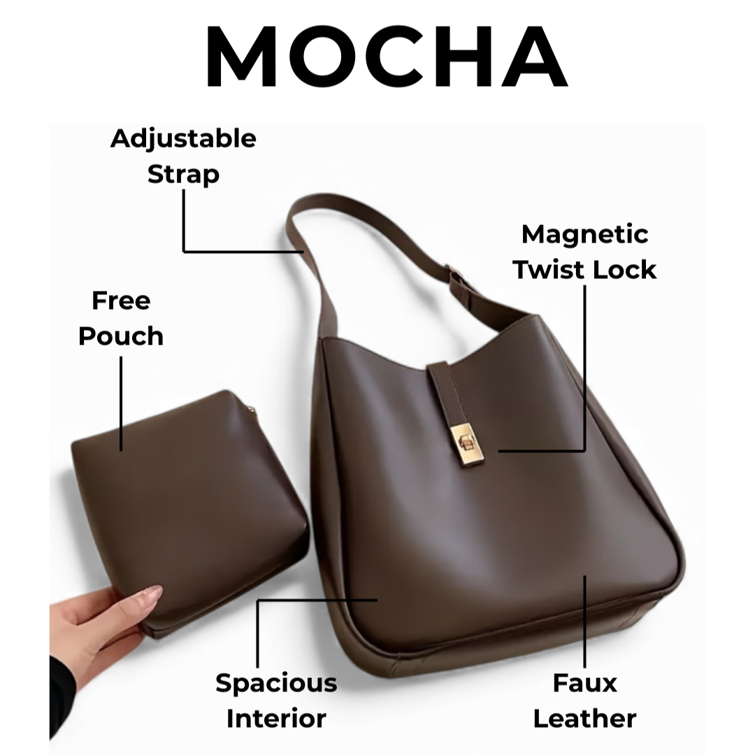 Brown handbag with features labeled on a white background