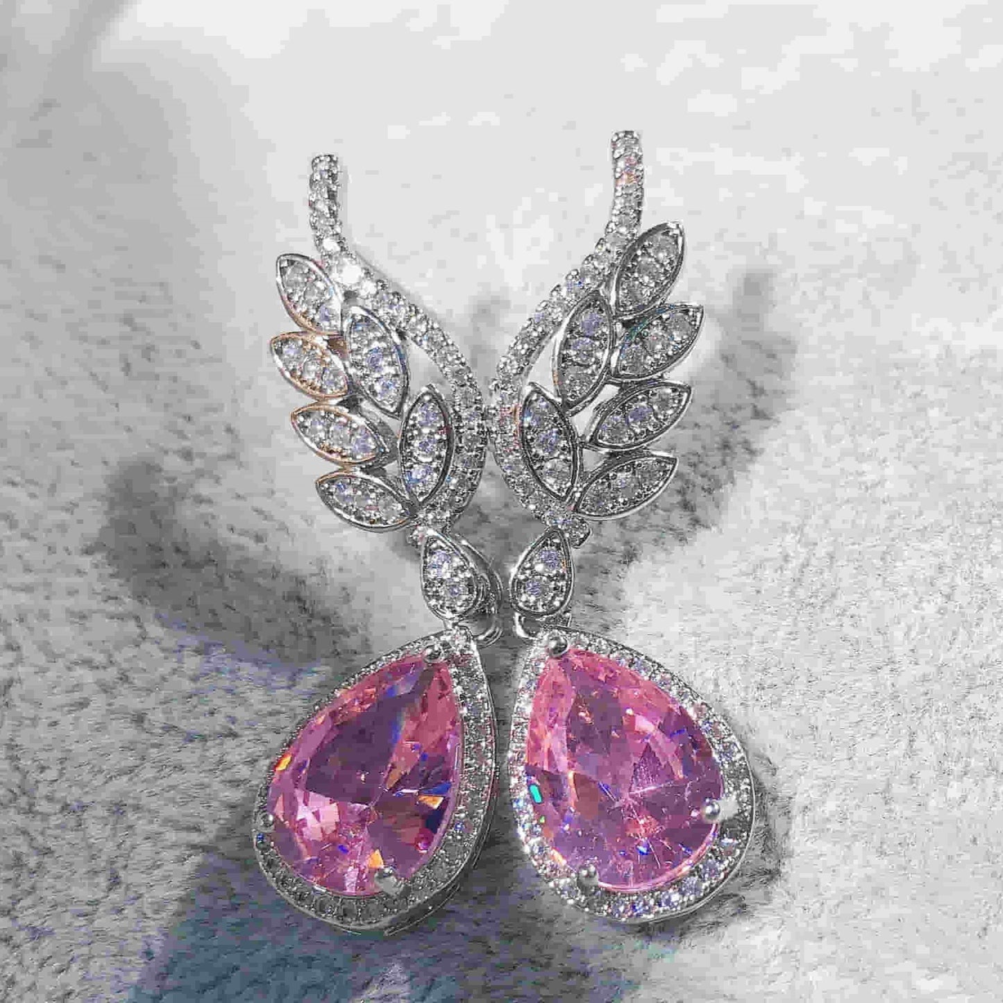Pink Moonstone and Zircon Teardrop Earrings