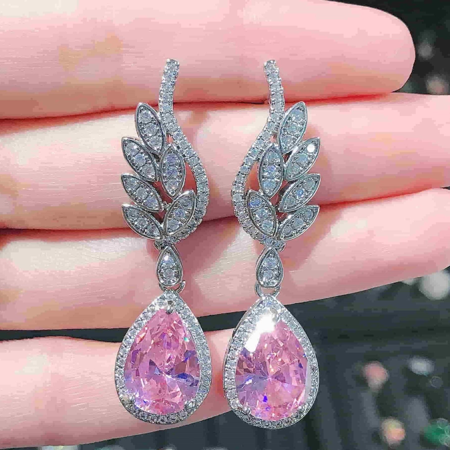Pink Moonstone and Zircon Teardrop Earrings