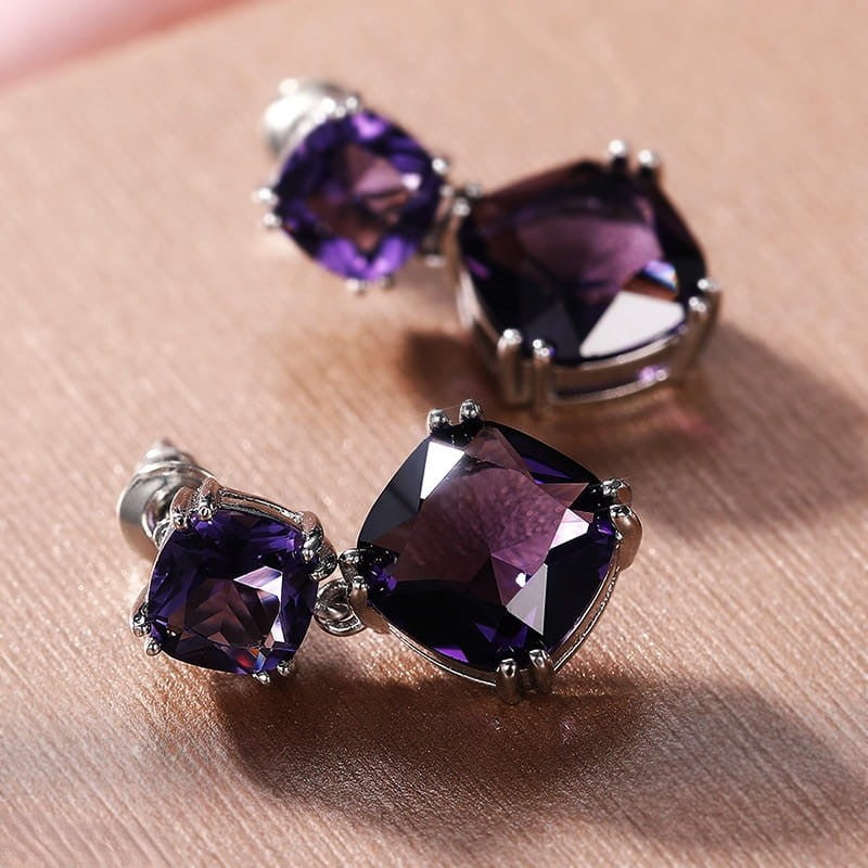 Purple Cushion Drop Earrings