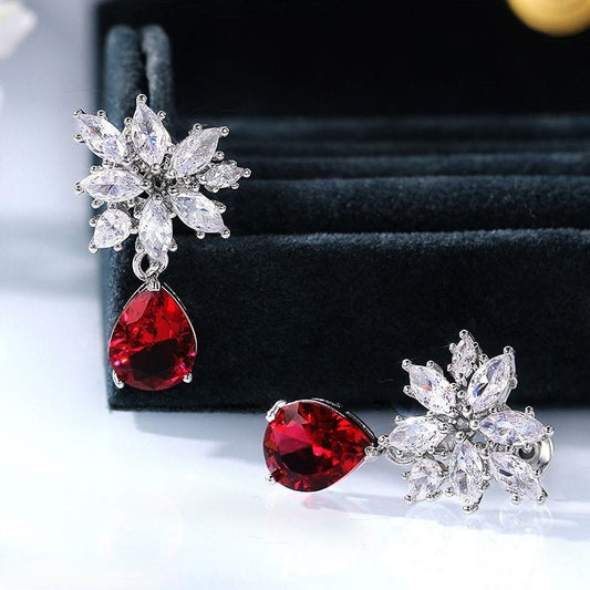 Red Stone and Zircon Drop Earrings
