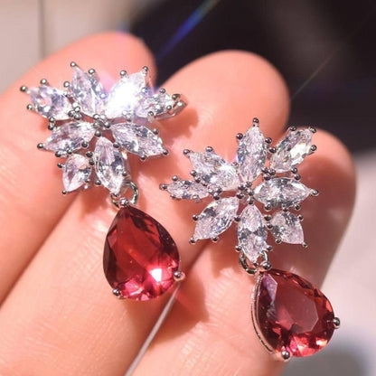 Red Stone and Zircon Drop Earrings