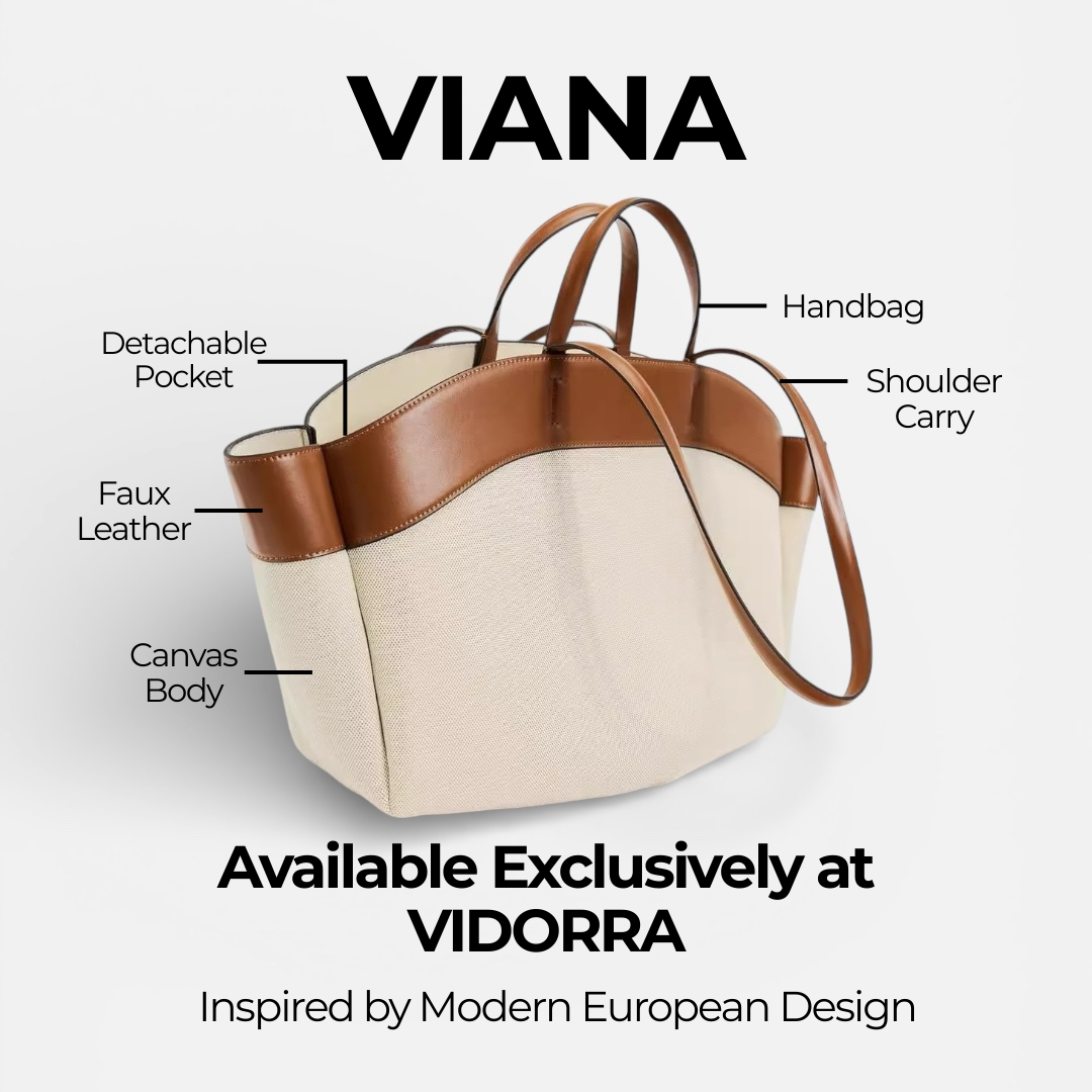 Handbag with features labeled, including 'Detachable Pocket', 'Faux Leather', 'Canvas Body', and 'Shoulder Carry'. Brand 'VIANA' and 'VIDORRA' are mentioned.