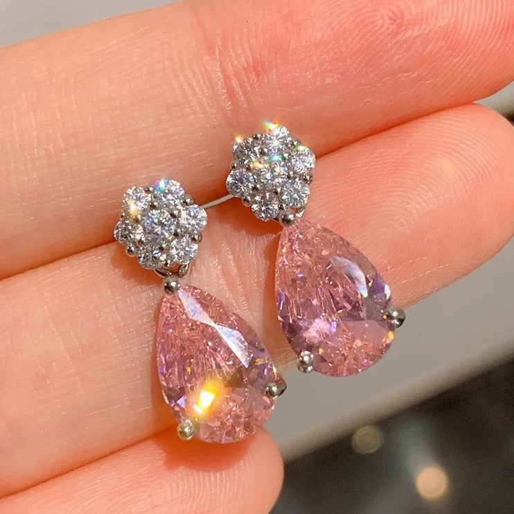 Zircons and Pink Moonstone Drop Earrings