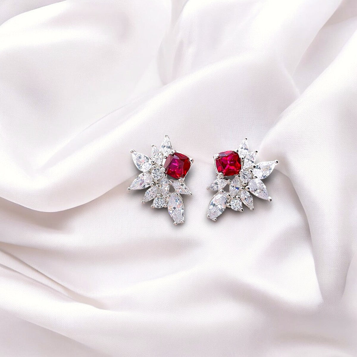 Zircons and Ruby Red Stud Earrings