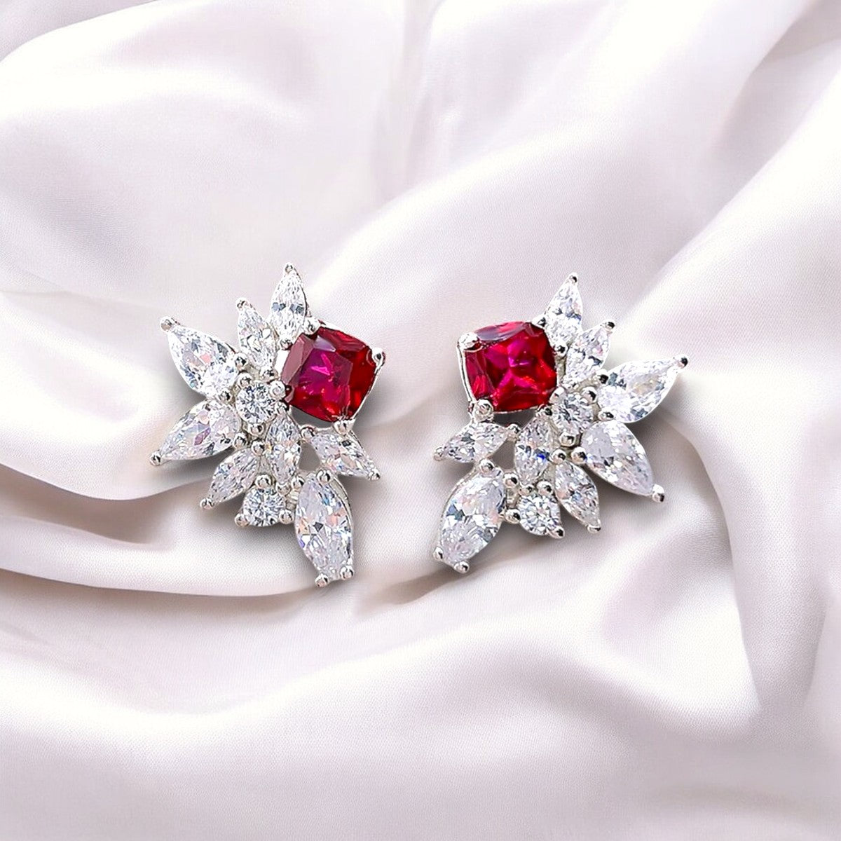 Zircons and Ruby Red Stud Earrings
